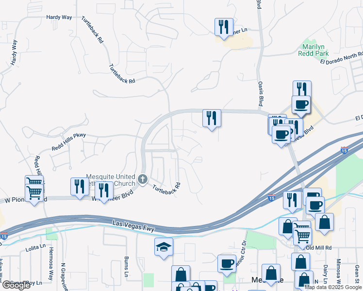 map of restaurants, bars, coffee shops, grocery stores, and more near 520 Turtle Back Road in Mesquite