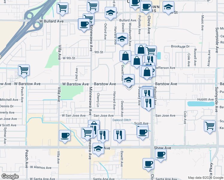 map of restaurants, bars, coffee shops, grocery stores, and more near 246 Mitchell Avenue in Clovis