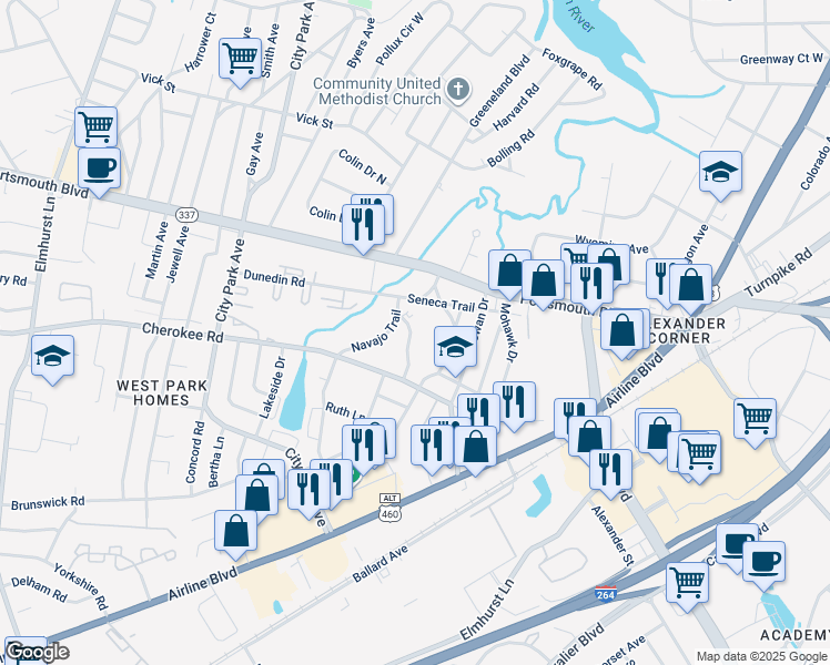 map of restaurants, bars, coffee shops, grocery stores, and more near 134 Cheyenne Trail in Portsmouth