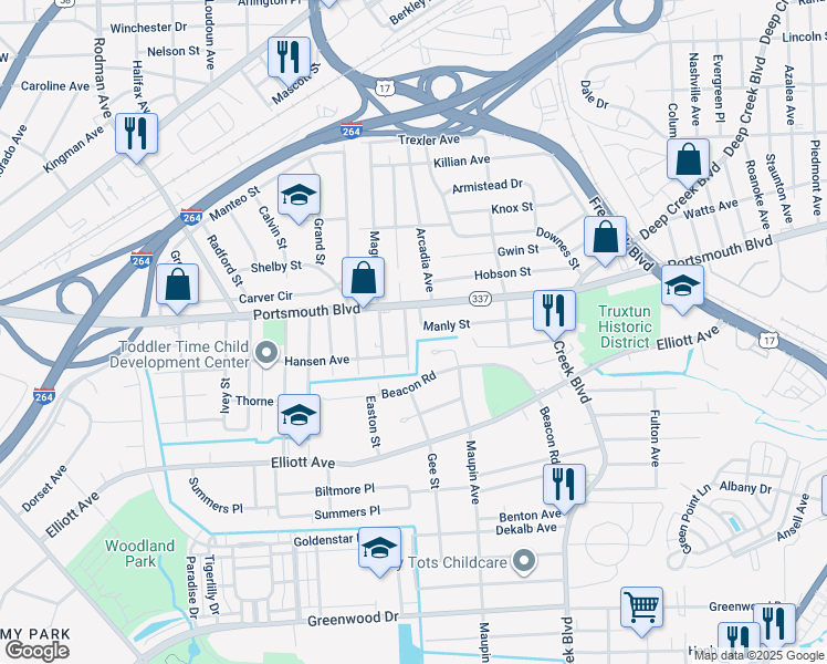 map of restaurants, bars, coffee shops, grocery stores, and more near 23 Temple Street in Portsmouth
