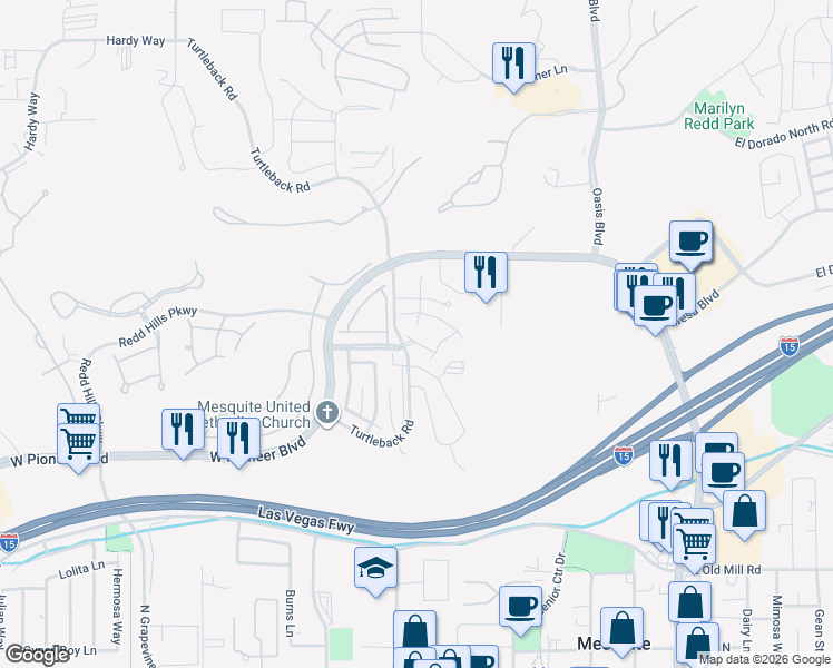 map of restaurants, bars, coffee shops, grocery stores, and more near 518 Turtleback Road in Mesquite