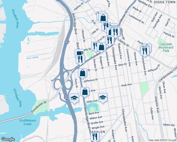 map of restaurants, bars, coffee shops, grocery stores, and more near 1202 Stewart Street in Chesapeake