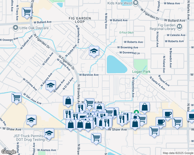 map of restaurants, bars, coffee shops, grocery stores, and more near 3625 West Barstow Avenue in Fresno