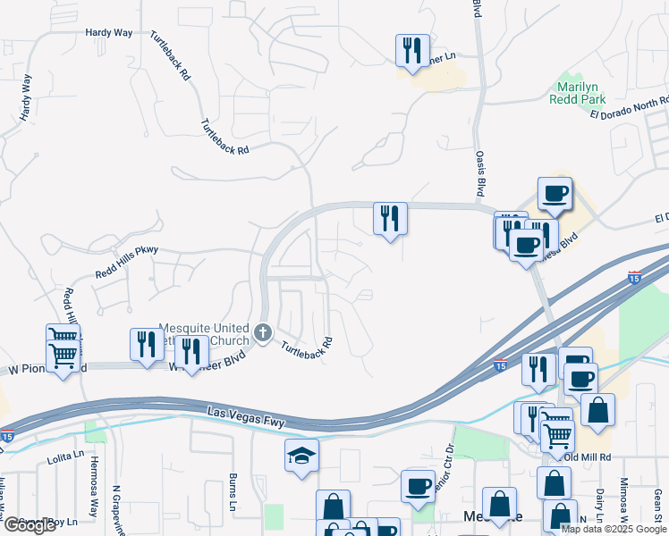 map of restaurants, bars, coffee shops, grocery stores, and more near 518 Turtleback Road in Mesquite