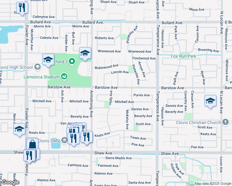 map of restaurants, bars, coffee shops, grocery stores, and more near 2415 Mitchell Avenue in Clovis