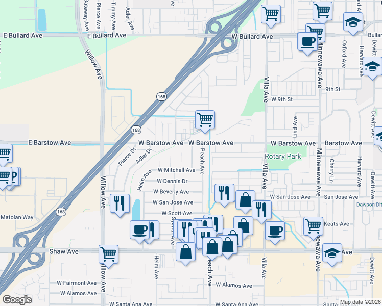 map of restaurants, bars, coffee shops, grocery stores, and more near 1325 Karen Avenue in Clovis