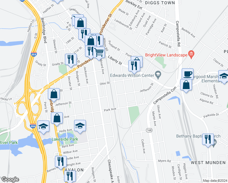 map of restaurants, bars, coffee shops, grocery stores, and more near 1301 Commerce Avenue in Chesapeake