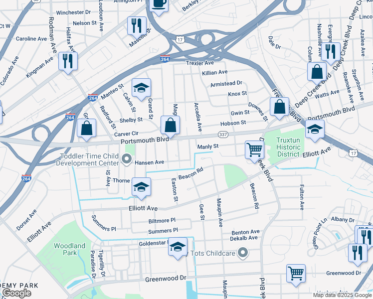 map of restaurants, bars, coffee shops, grocery stores, and more near 33 Temple Street in Portsmouth