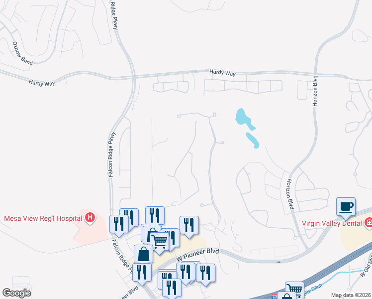map of restaurants, bars, coffee shops, grocery stores, and more near 505 Highland View Court in Mesquite