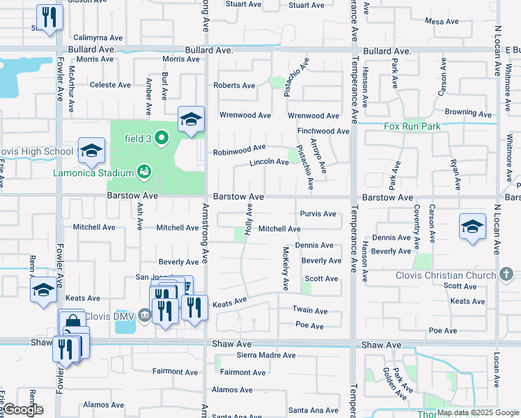 map of restaurants, bars, coffee shops, grocery stores, and more near 2415 Mitchell Avenue in Clovis