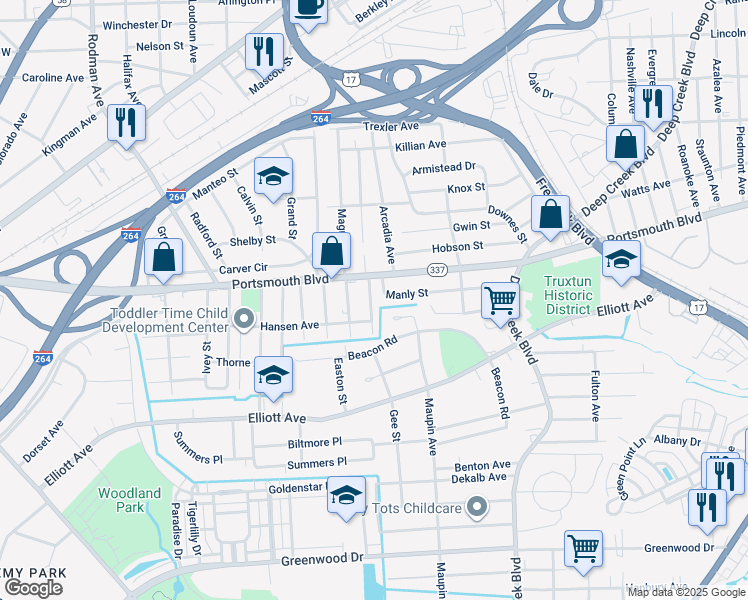 map of restaurants, bars, coffee shops, grocery stores, and more near 19 Temple Street in Portsmouth
