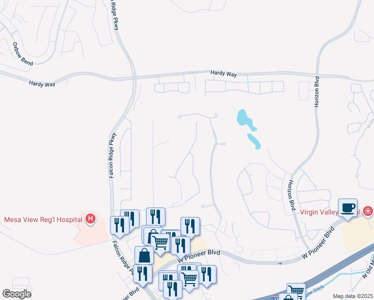 map of restaurants, bars, coffee shops, grocery stores, and more near 505 Highland View Court in Mesquite