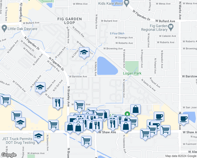 map of restaurants, bars, coffee shops, grocery stores, and more near 3575 West Barstow Avenue in Fresno