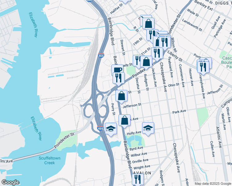 map of restaurants, bars, coffee shops, grocery stores, and more near 1148 Bainbridge Boulevard in Chesapeake