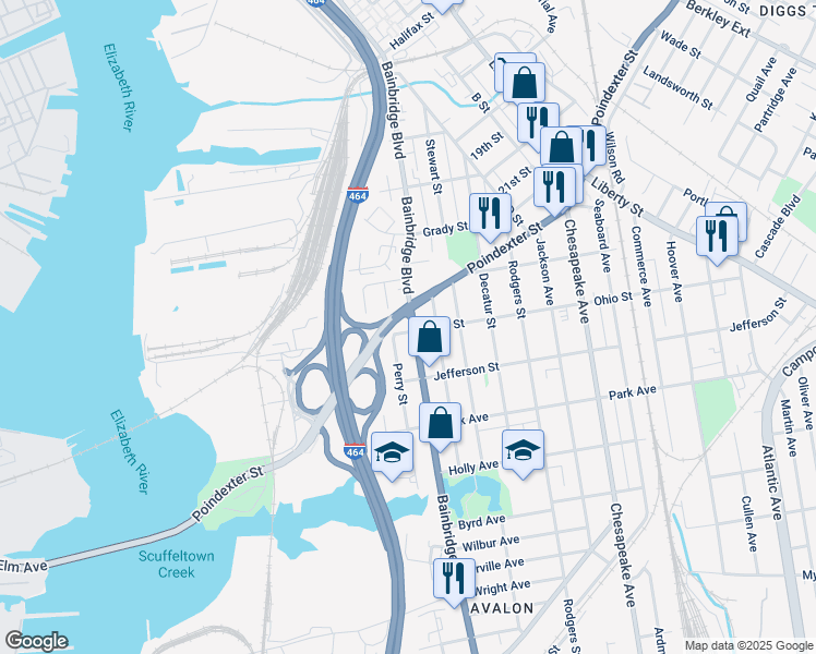 map of restaurants, bars, coffee shops, grocery stores, and more near 1148 Bainbridge Boulevard in Chesapeake