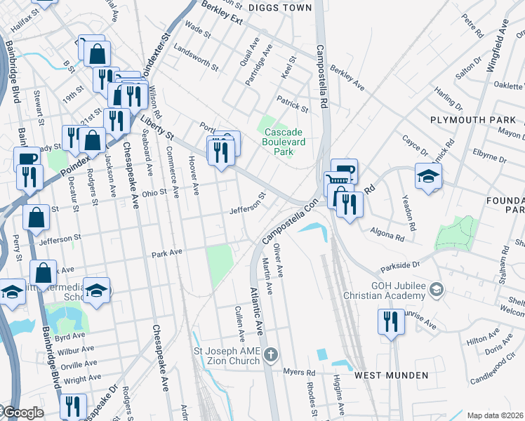 map of restaurants, bars, coffee shops, grocery stores, and more near 1900 Stonehurst Street in Chesapeake