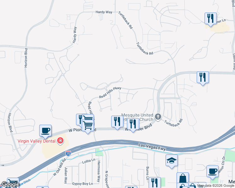 map of restaurants, bars, coffee shops, grocery stores, and more near 515 Via De Fortuna Way in Mesquite