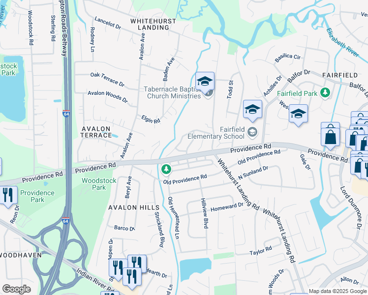 map of restaurants, bars, coffee shops, grocery stores, and more near 727 Skipwith Road in Virginia Beach