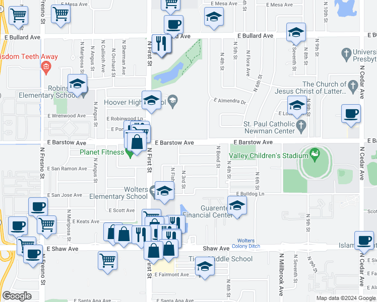 map of restaurants, bars, coffee shops, grocery stores, and more near 1148 East San Madele Avenue in Fresno