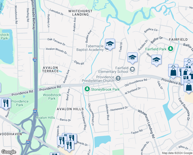 map of restaurants, bars, coffee shops, grocery stores, and more near 727 Skipwith Road in Virginia Beach