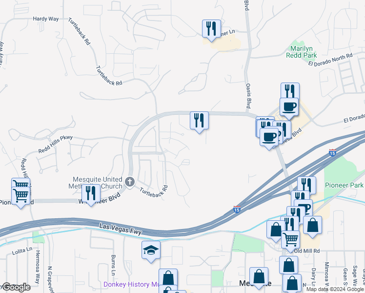 map of restaurants, bars, coffee shops, grocery stores, and more near 323 Haley Way in Mesquite