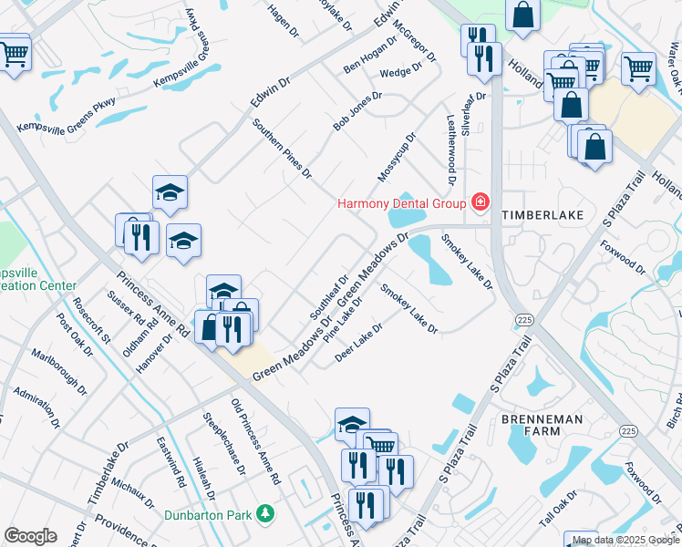 map of restaurants, bars, coffee shops, grocery stores, and more near 724 Southleaf Drive in Virginia Beach