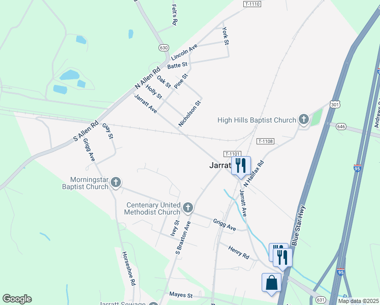 map of restaurants, bars, coffee shops, grocery stores, and more near 225 Jarratt Avenue in Jarratt