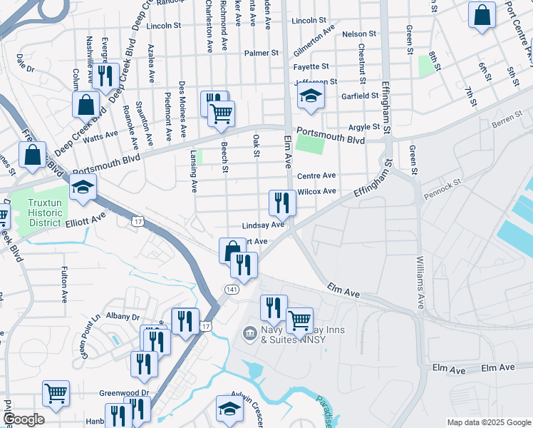 map of restaurants, bars, coffee shops, grocery stores, and more near 612 Oak Street in Portsmouth