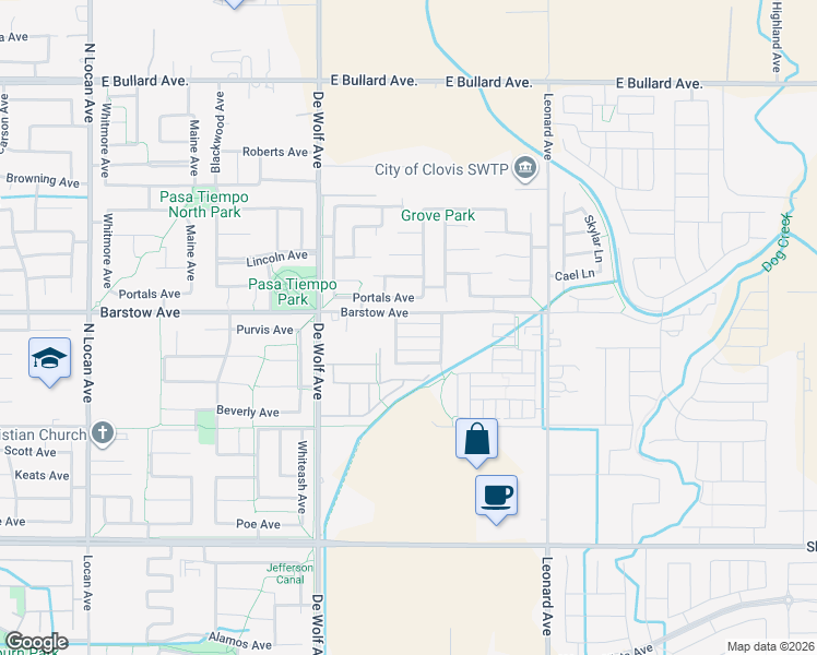 map of restaurants, bars, coffee shops, grocery stores, and more near 1324 Royalty Way in Clovis