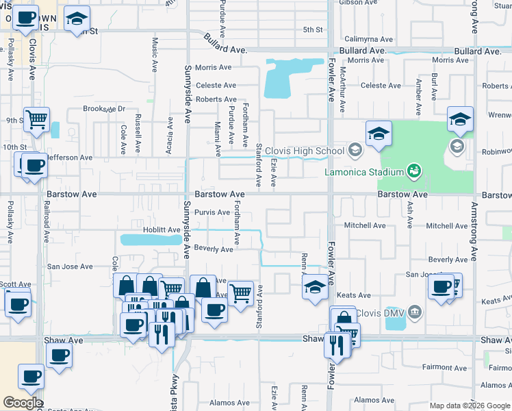 map of restaurants, bars, coffee shops, grocery stores, and more near 1333 Purvis Court in Clovis