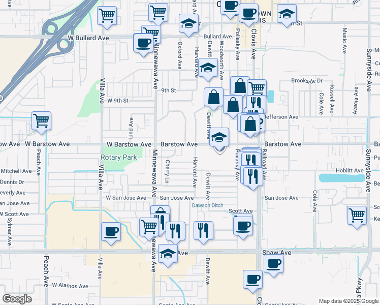 map of restaurants, bars, coffee shops, grocery stores, and more near 1214 Harvard Avenue in Clovis