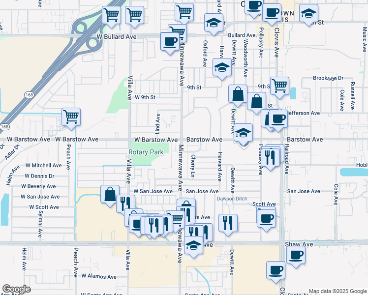 map of restaurants, bars, coffee shops, grocery stores, and more near 1321 Malio Drive in Clovis