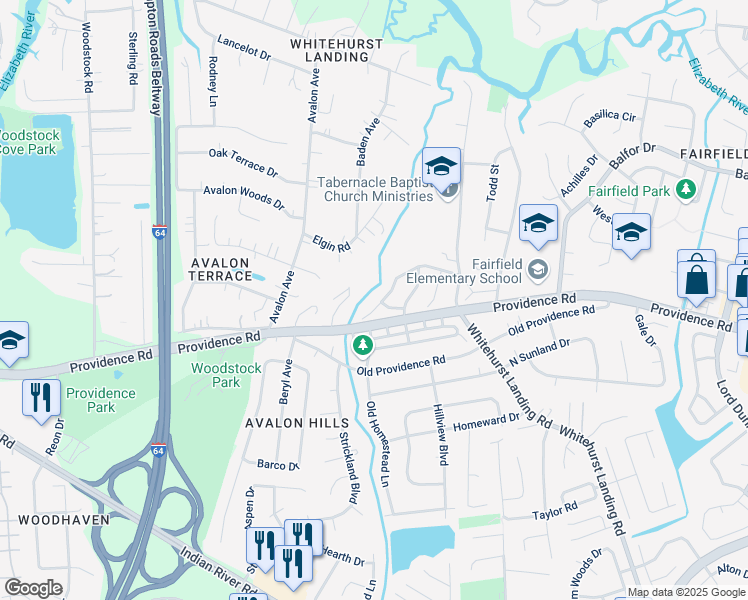 map of restaurants, bars, coffee shops, grocery stores, and more near 5676 Gates Landing Road in Virginia Beach