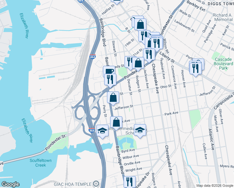 map of restaurants, bars, coffee shops, grocery stores, and more near 1214 Hull Street in Chesapeake