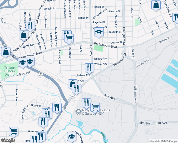 map of restaurants, bars, coffee shops, grocery stores, and more near 1211 Marshall Avenue in Portsmouth