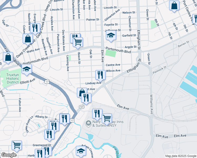 map of restaurants, bars, coffee shops, grocery stores, and more near 1217 Marshall Avenue in Portsmouth