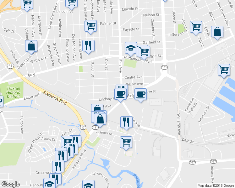 map of restaurants, bars, coffee shops, grocery stores, and more near 1211 Marshall Avenue in Portsmouth
