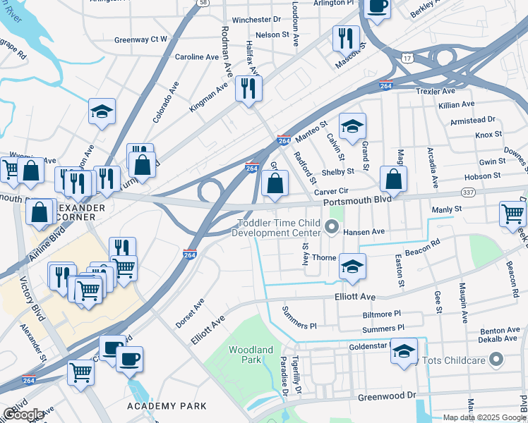 map of restaurants, bars, coffee shops, grocery stores, and more near 3515 Portsmouth Boulevard in Portsmouth