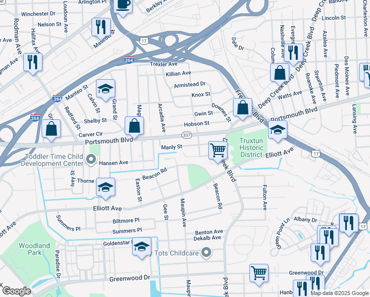 map of restaurants, bars, coffee shops, grocery stores, and more near 56 Pennock Street in Portsmouth