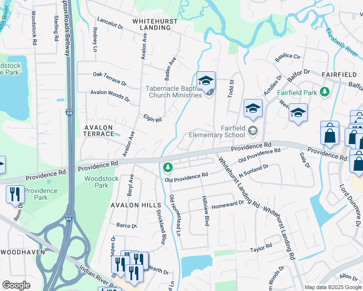 map of restaurants, bars, coffee shops, grocery stores, and more near 5641 Gates Landing Road in Virginia Beach