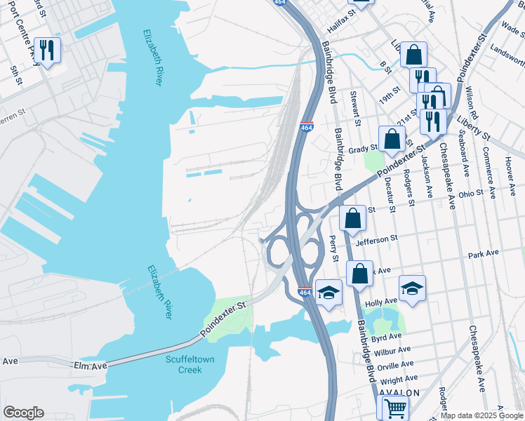 map of restaurants, bars, coffee shops, grocery stores, and more near Priority Lane in Chesapeake
