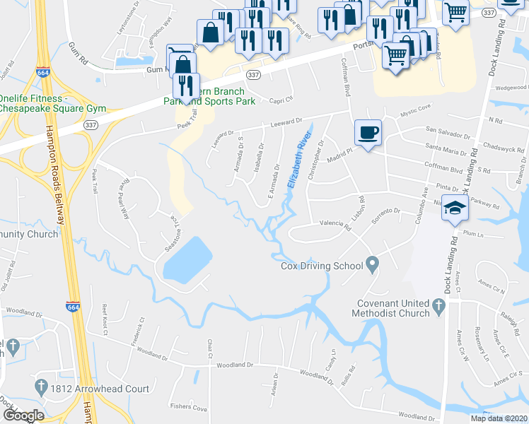 map of restaurants, bars, coffee shops, grocery stores, and more near 2121 Armada Drive South in Chesapeake