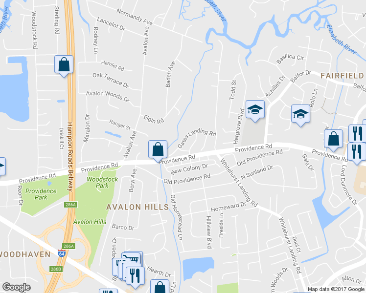 map of restaurants, bars, coffee shops, grocery stores, and more near 5641 Gates Landing Road in Virginia Beach