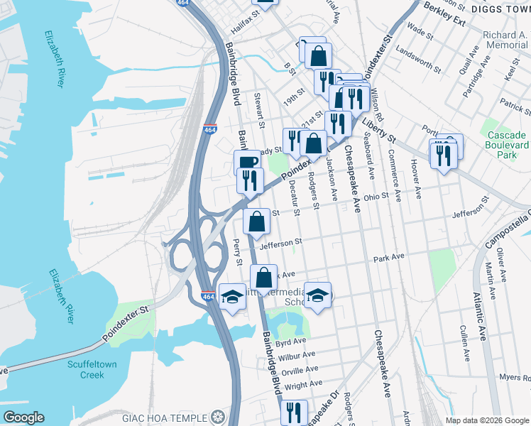 map of restaurants, bars, coffee shops, grocery stores, and more near 1214 Hull Street in Chesapeake