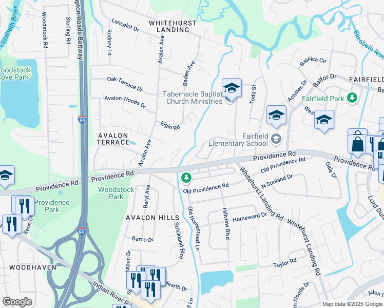map of restaurants, bars, coffee shops, grocery stores, and more near 5676 Gates Landing Road in Virginia Beach
