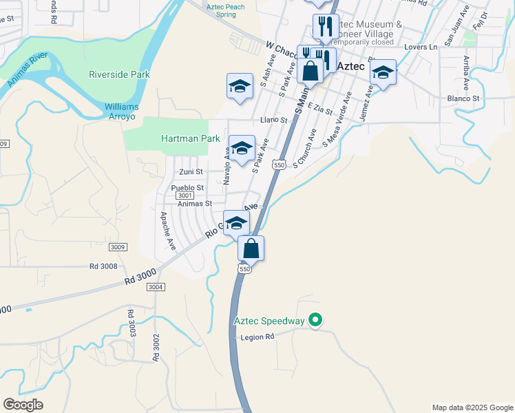 map of restaurants, bars, coffee shops, grocery stores, and more near 501 Rio Grande Avenue in Aztec