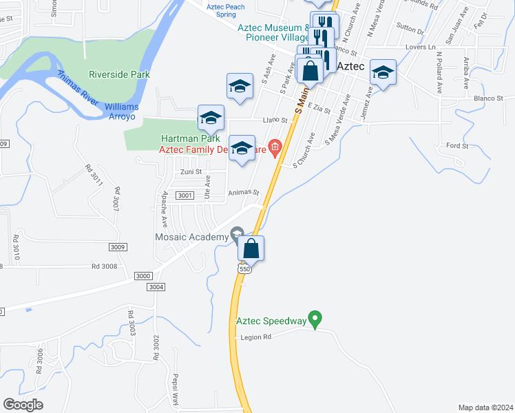 map of restaurants, bars, coffee shops, grocery stores, and more near 501 Rio Grande Avenue in Aztec
