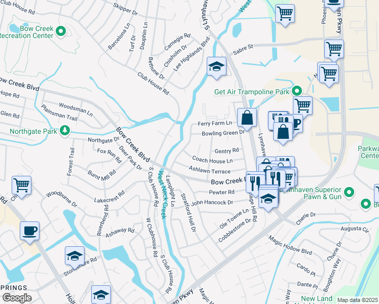 map of restaurants, bars, coffee shops, grocery stores, and more near 3124 Coach House Lane in Virginia Beach