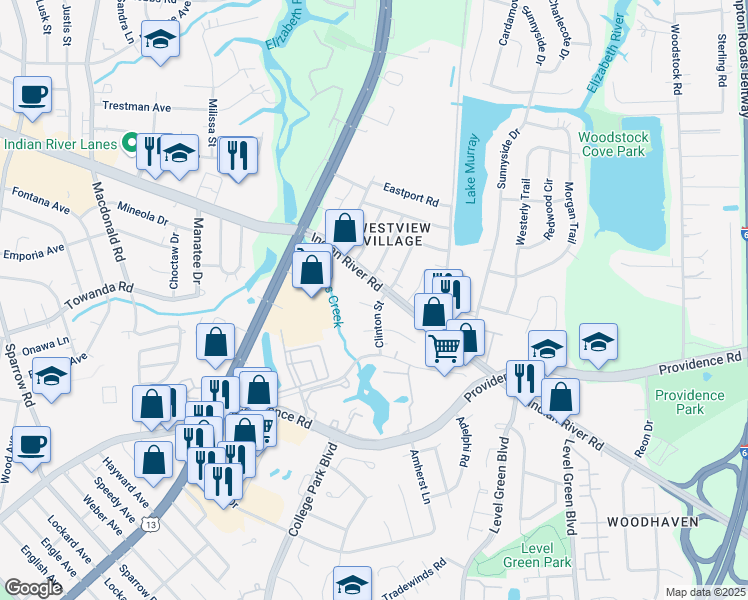 map of restaurants, bars, coffee shops, grocery stores, and more near 844 Clinton Street in Virginia Beach