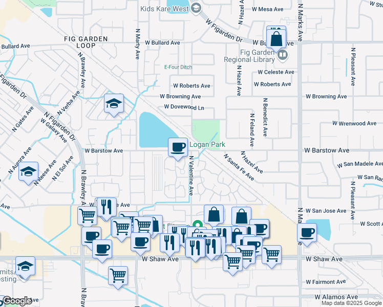 map of restaurants, bars, coffee shops, grocery stores, and more near 5389 North Valentine Avenue in Fresno